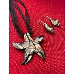 Pretty blown glass starfish necklace with matching earrings set: Handmade